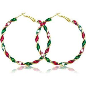 Christmas Earrings for Women Wreath Ornament Twist Hoop Holiday Jewelry